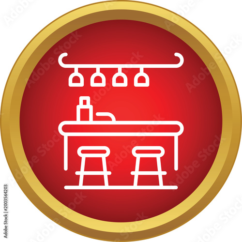Bar counter with bottle, glasses hanging rack, and stools icon