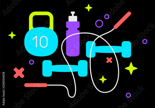 Gym equipment concept. Jump rope, dumbbells, kettlebell and water bottle. Active lifestyle and sport, workout and training. Fitness