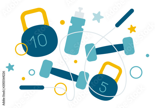 Gym equipment concept. Jump rope, dumbbells, kettlebell and water bottle. Active lifestyle and sport, workout and training. Hiit Workout. Fitness