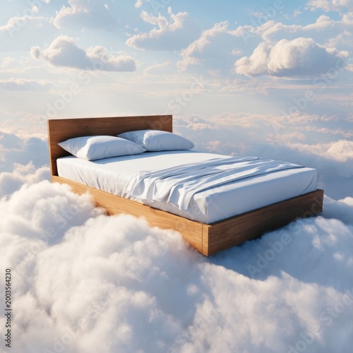 Bed is Floating on Clouds in a Bright Blue Sky During Daylight