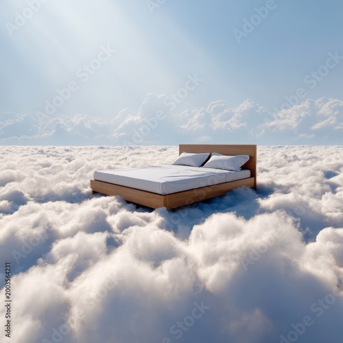 Bed is Floating on Clouds in a Bright Blue Sky During Daylight