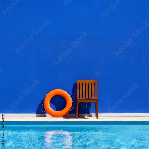 Bright Blue Wall With Pool, Orange Life Buoy, and Wooden Chair During Sunny Day