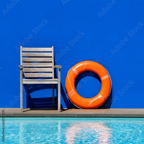 Bright Poolside Scene With Chair and Lifebuoy Against Blue Wall