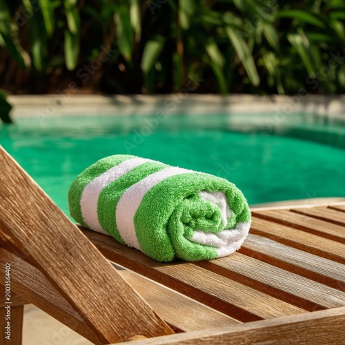 Rolled Green and White Towel on Wooden Chair by Poolside on a Sunny Day