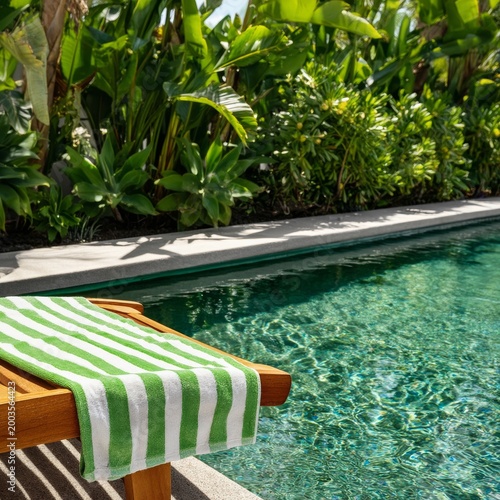 Swimming Pool With Green Plants and a Towel on a Wooden Chair in a Sunny Gard...