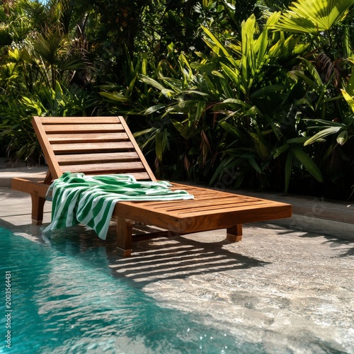 Swimming Pool With Green Plants and a Towel on a Wooden Chair in a Sunny Gard...