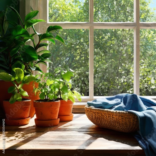 Sunlight Shines Through Window Onto Plants and a Basket in a Cozy Indoor Spac...