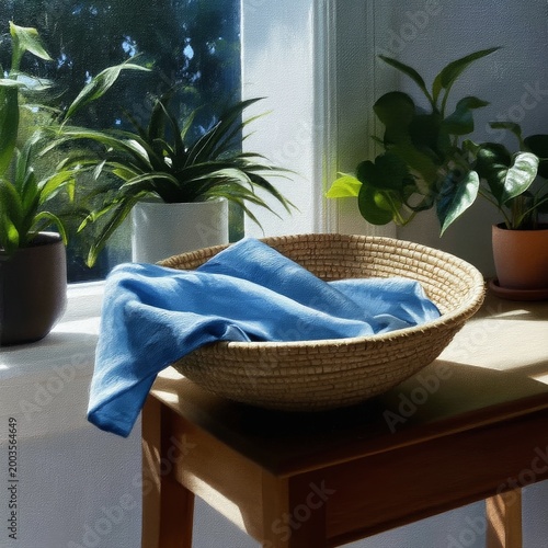 Indoor Scene With a Basket of Clothes and Green Plants Near a Window During D...