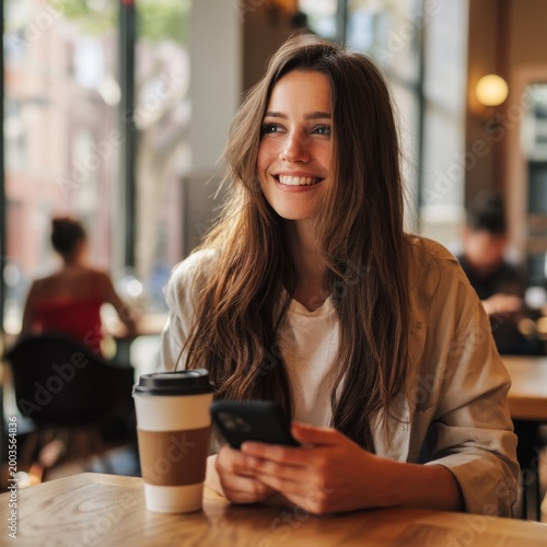 Woman Sitting in Cafe With a Phone and a Cup of Coffee in the Morning Sun