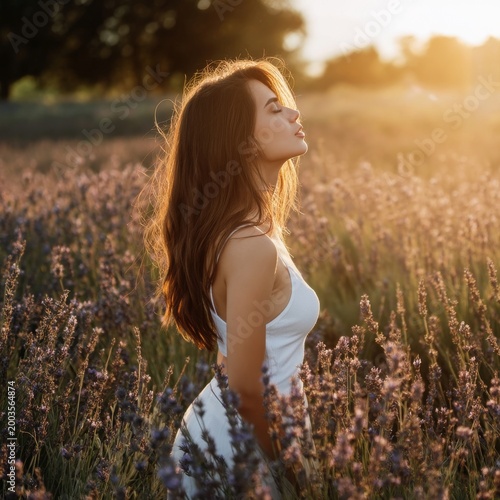 Woman Standing in a Lavender Field During Sunset With Sunlight Shining on Her...