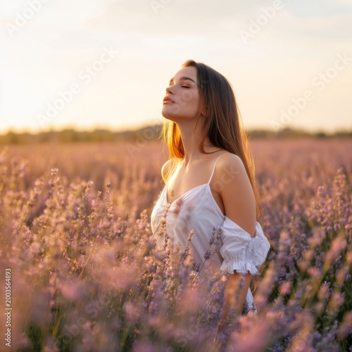 Woman Enjoys a Moment in a Lavender Field During Sunset in a Rural Area