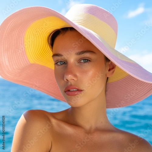 Woman With a Pink Hat by the Beach Enjoying a Sunny Day Near Blue Water