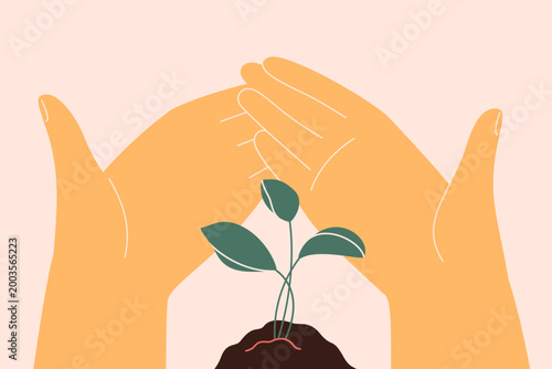 Human hands care about small green tree. Young Plant growths from the ground and person support it. Green energy and sustainable lifestyle concept. Save the planet vector ecology illustration