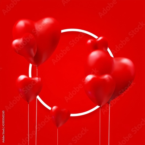 Many Heart Balloons Float Against a Red Background With a White Circle in the...