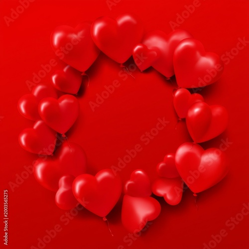 Many Heart Balloons Float Against a Red Background With a White Circle in the...