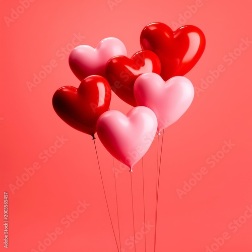 Balloons Shaped Like Hearts Float Against an Orange Backdrop During a Celebra...