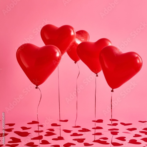 Decorative Heart Balloons on Pink Background With Small Red Hearts Scattered ...