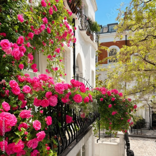 Flowering Roses on a White Building in a Sunny Street Scene