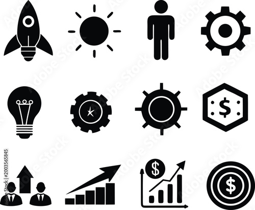 Minimalist business icons set, black silhouette startup vector elements, professional corporate growth and financial strategy symbols for presentation