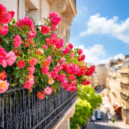 Colorful Flowers on a Balcony Overlooking a Busy Street in Paris During the Day