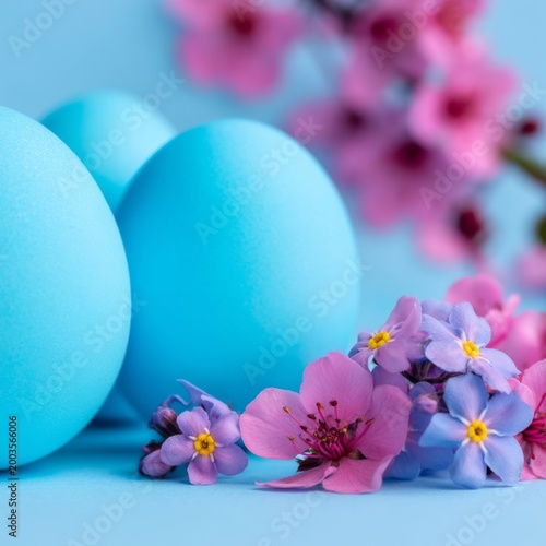 Bright Blue Eggs and Colorful Flowers on a Table During Spring Celebration