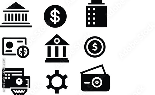 Banking and finance icon set, black solid vector symbols for business and economy, professional financial institution and money management graphics