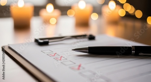 Clipboard with checklist, pen, and soft, glowing candles creating ambiance