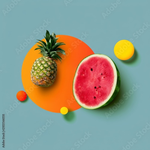Bright Fruit Arrangement With Watermelon and Pineapple on Colorful Background