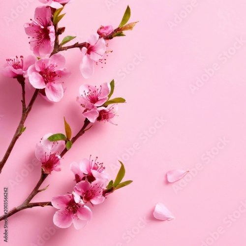 Cherry Blossoms on a Pink Background With Petals Scattered in Springtime Decor