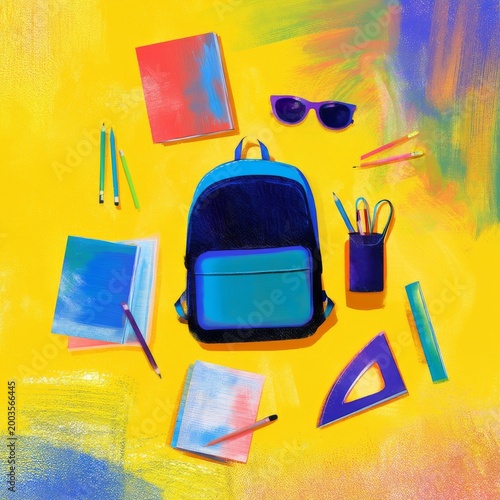 Backpack Surrounded by School Supplies on Bright Yellow Background in Creativ...