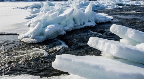 Frozen river chunks and rushing water create a stark, beautiful winter scene