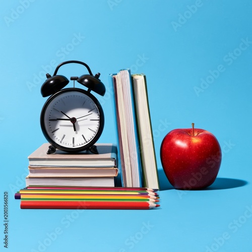Bright and Colorful School Supplies Arranged on Blue Background With an Apple...