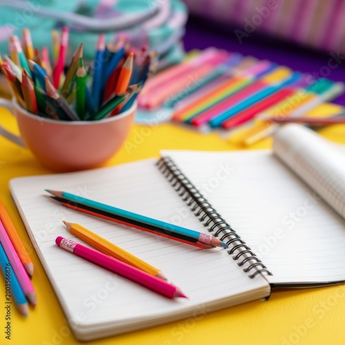 Colorful Desk With Notebooks and Art Supplies Near Window in Bright Light