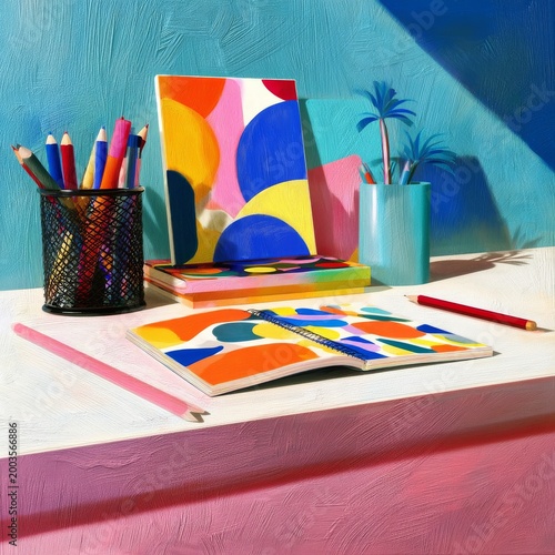 Colorful Desk With Notebooks and Art Supplies Near Window in Bright Light