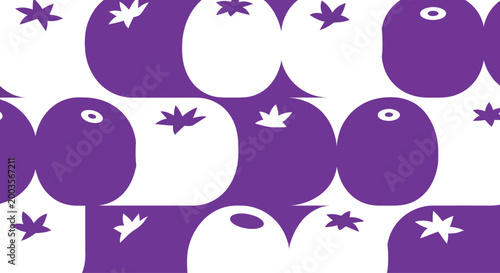 Seamless Pattern of Purple Blueberries and Stars on White Background
