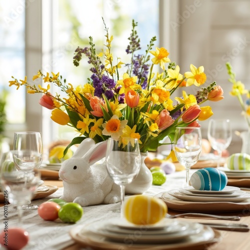 Bright Flowers and Decorations on a Dining Table for Spring Celebration in Co...