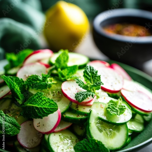 Fresh Cucumber and Radish Salad Served With Lemon and Sauce on a Green Table