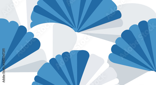 Abstract blue fan shapes overlapping on white background, modern design