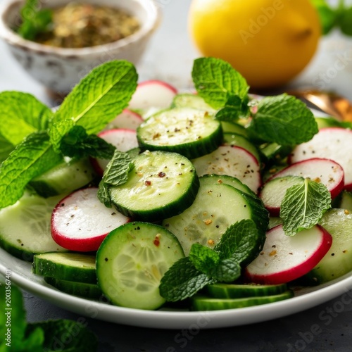 Fresh Salad With Cucumber and Radish on a Plate With Mint and Lemon in the Ba...