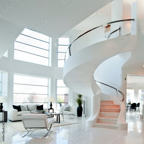 Modern Interior Design Features a Spiral Staircase and Large Windows in a Bri...