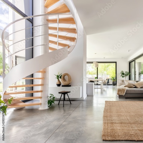 Modern Interior Design Features a Spiral Staircase and Large Windows in a Bri...