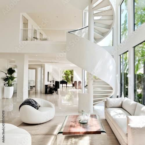 Modern Interior Design Features a Spiral Staircase and Large Windows in a Bri...