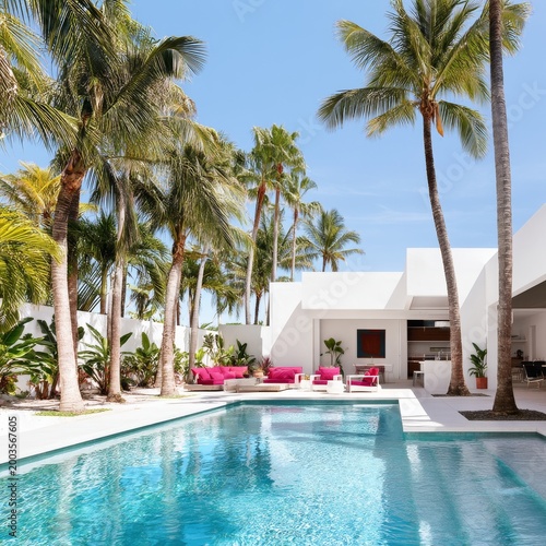Picturesque Villa Pool Scene With Palm Trees and Lounge Area in Sunny Location