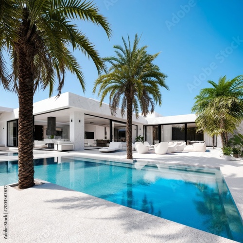 Picturesque Villa Pool Scene With Palm Trees and Lounge Area in Sunny Location