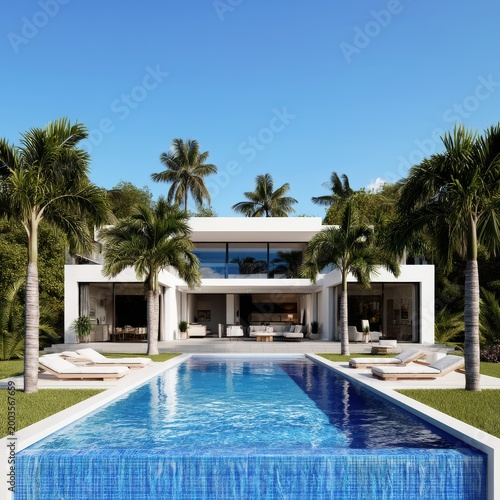 Modern Villa With a Swimming Pool in a Tropical Setting During Sunny Weather