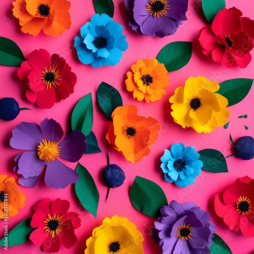 Colorful Paper Flowers and Leaves Arranged on a Pink Background for Craft or ...