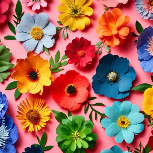 Colorful Paper Flowers on Pink Background Create a Bright Display of Craft an...