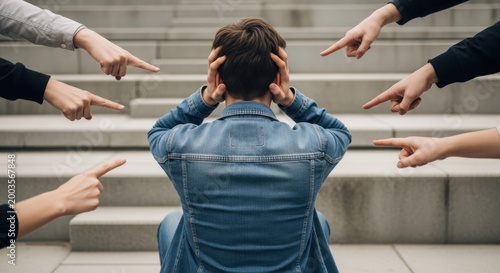 Person in denim jacket with hands over ears, surrounded by pointing fingers