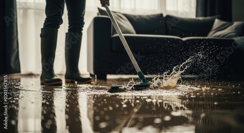 Person in boots mopping up water from a flooded floor in a living room