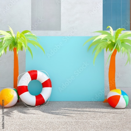 Colorful Pool Scene With a Lifebuoy and Decorations in a Fun Setting